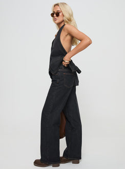 side view of model wearing Princess Polly Top Model Low Rise Straight Leg Jeans Charcoal High Rise Jeans Jeans 