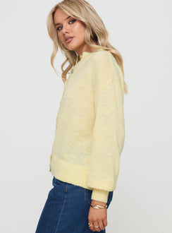 side view of model wearing Princess Polly Sunbeam Cardigan Yellow Longline Jumpers Jumpers 