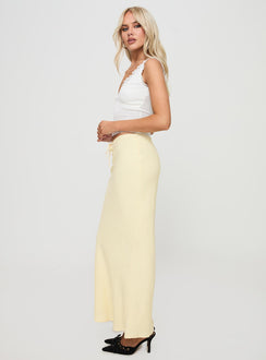   side view of model wearing Princess Polly Mercer Linen Blend Maxi Skirt Lemon Maxi Skirts Skirts 