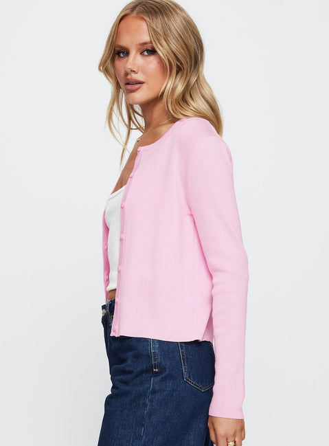 side view of model wearing Princess Polly Old Burlington Knit Cardigan Pink Cropped Jumpers Jumpers 