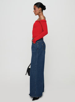 side view of model wearing Princess Polly Naylor Rip Mid Rise Wide Leg Jeans Dark Blue Wash Mid Rise Jeans Jeans 