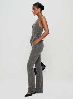 side view of model wearing Princess Polly Calexico Buckle Pant Grey Pinstripe High Rise Pants Pants 