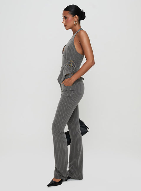 side view of model wearing Princess Polly Calexico Buckle Pant Grey Pinstripe High Rise Pants Pants 