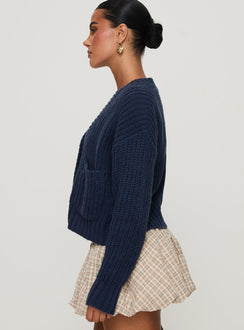 side view of model wearing Princess Polly Osias Cable Knit Cardigan Navy Cropped Jumpers Jumpers 