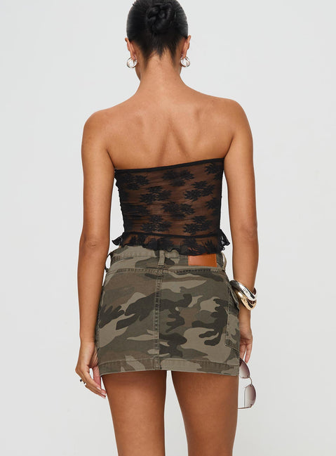 back view of model wearing Princess Polly Zakai Cargo Denim Mini Skirt Camo Mini Skirts Skirts 