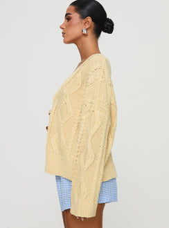 side view of model wearing Princess Polly Daxtan Cable Cardigan Lemon Cropped Jumpers Jumpers 