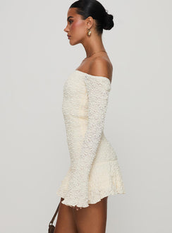 side view of model wearing Princess Polly Vancesca Strapless Mini Dress Cream Straight Neck 