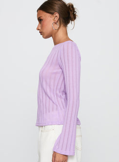 side view of model wearing Princess Polly Tuppence Ribbed Long Sleeve Top Lilac Full Sleeves Full Sleeves Boat Neck Boat Neck 