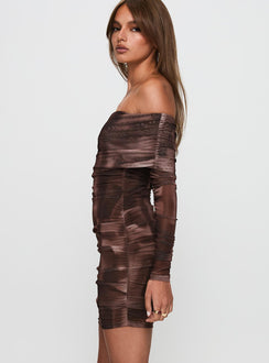 side view of model wearing Princess Polly Raquella Long Sleeve Mini Dress Brown Straight Neck 