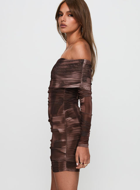 side view of model wearing Princess Polly Raquella Long Sleeve Mini Dress Brown Straight Neck 