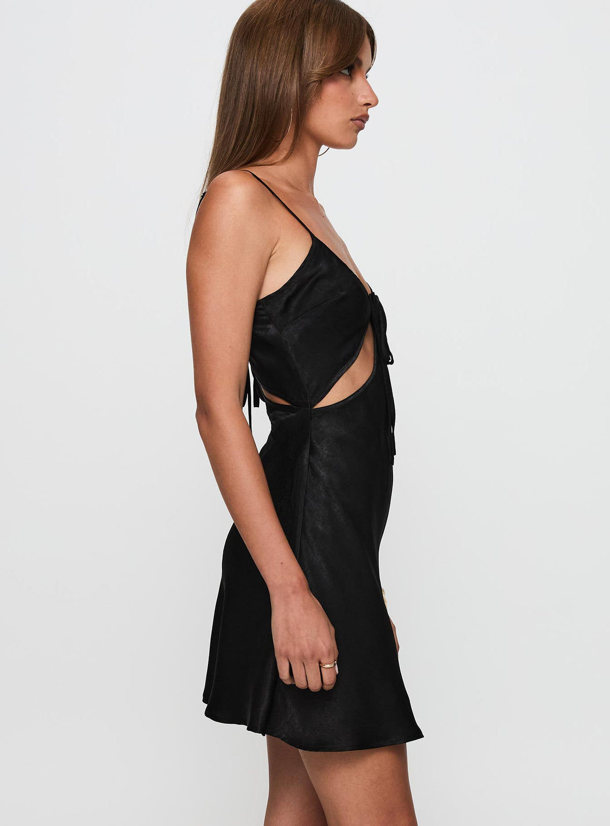 side view of model wearing Princess Polly Linger Bias Cut Dress Black V-Neck 