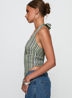 side view of model wearing Princess Polly High Gear Halter Top Multi Sleeveless V-Neck 