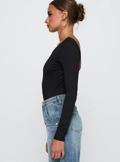side view of model wearing Princess Polly Look This Good Backless Bodysuit Black Long Sleeve Tops Bodysuit 
