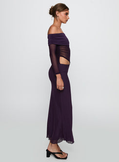 side view of model wearing Princess Polly Soul Ties Long Sleeve Maxi Dress Purple Straight Neck 