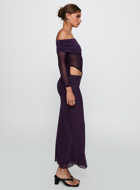 side view of model wearing Princess Polly Soul Ties Long Sleeve Maxi Dress Purple Straight Neck 