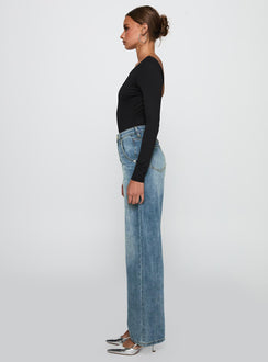 side view of model wearing Princess Polly Sacramento High Rise Straight Leg Jeans Mid Blue Denim High Rise Jeans Jeans 