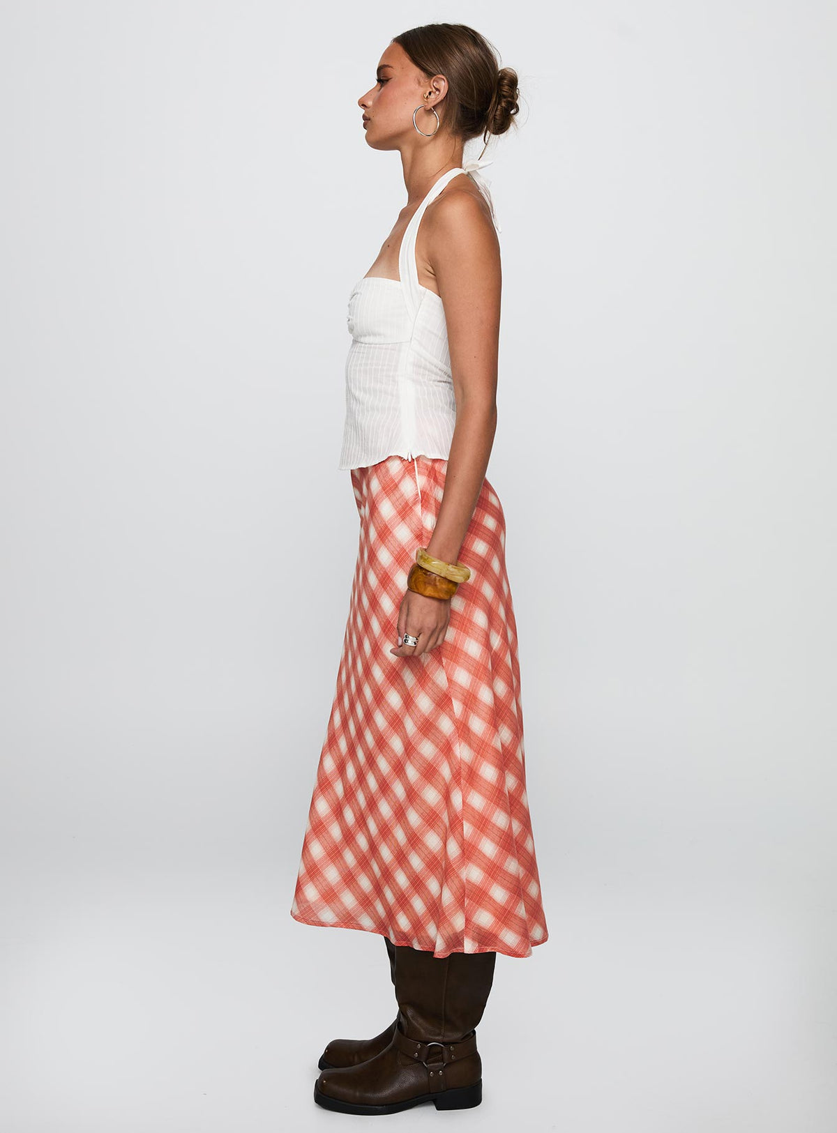   side view of model wearing Princess Polly Living Color Maxi Skirt Orange Gingham Midi Skirts Skirts 