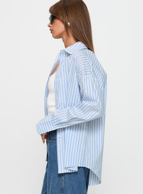 side view of model wearing Princess Polly Mallin Shirt Blue / White Stripe Full Sleeves V-Neck 