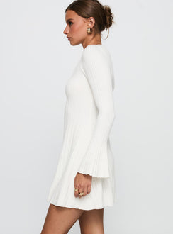 side view of model wearing Princess Polly Terraces Long Sleeve Mini Dress White High Neck 
