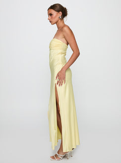 side view of model wearing Princess Polly Chevalier Strapless Maxi Dress Lemon Sweetheart Neckline 