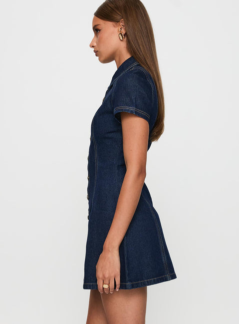 side view of model wearing Princess Polly Perception Denim Mini Dress Mid Wash High Neck 