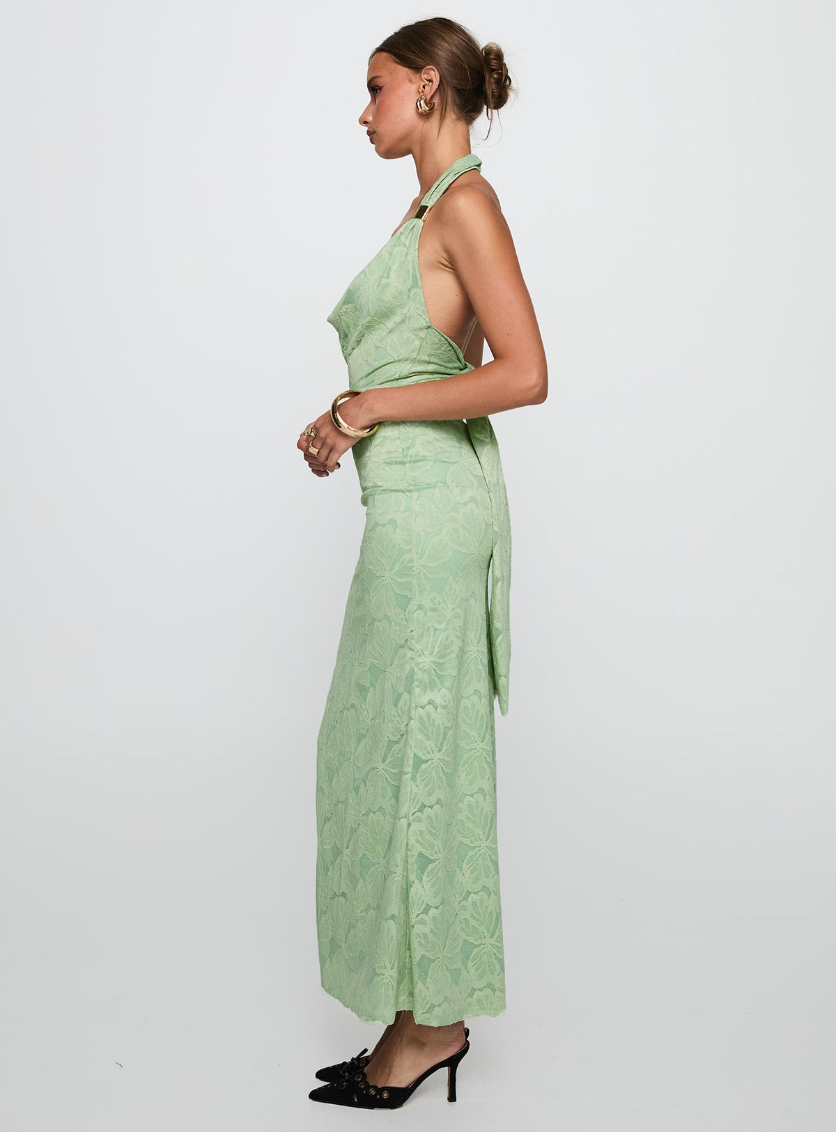 side view of model wearing Princess Polly Starfall Halter Maxi Dress Sage Cowl Neck 
