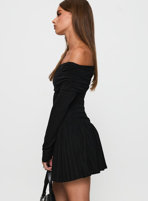 side view of model wearing Princess Polly Field Of Dreams Long Sleeve Mini Dress Onyx Straight Neck 