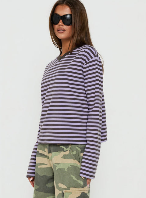 Viollette V Neck Long Sleeve Top Purple Stripe