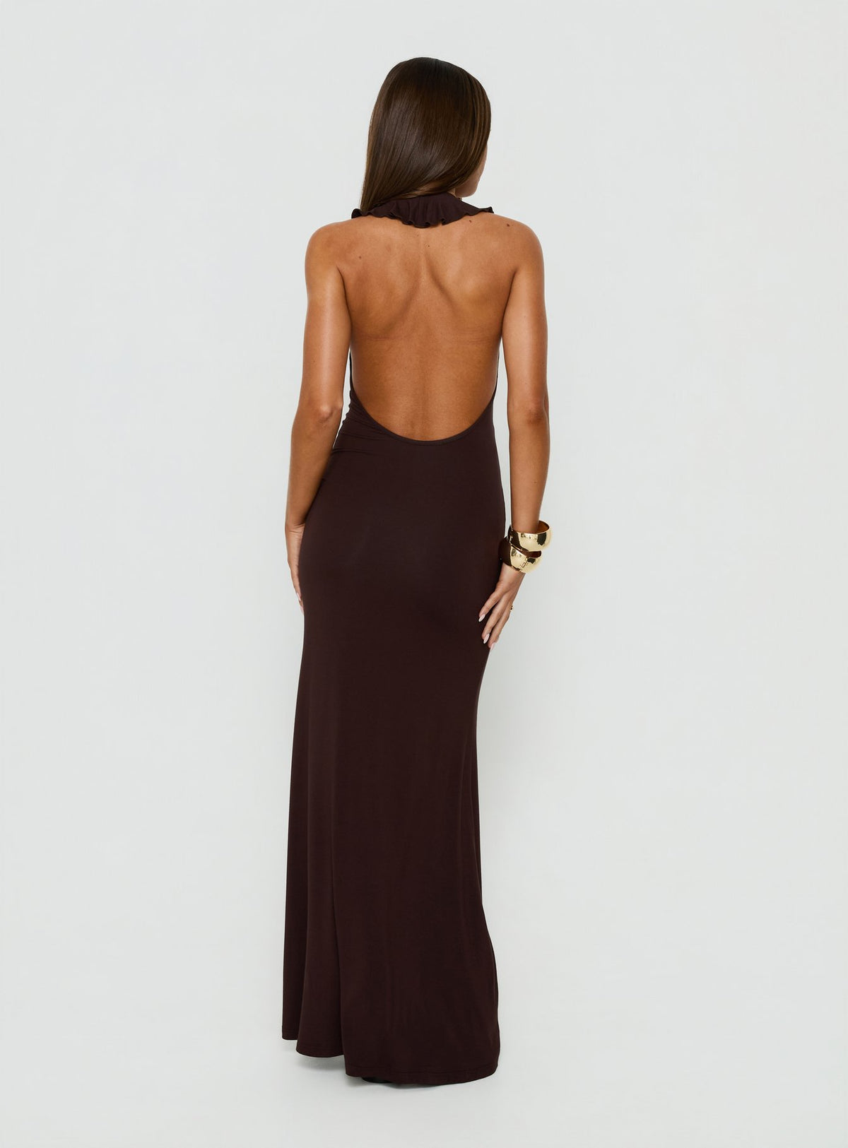 Charlique Halter Frill Maxi Dress Mahogany