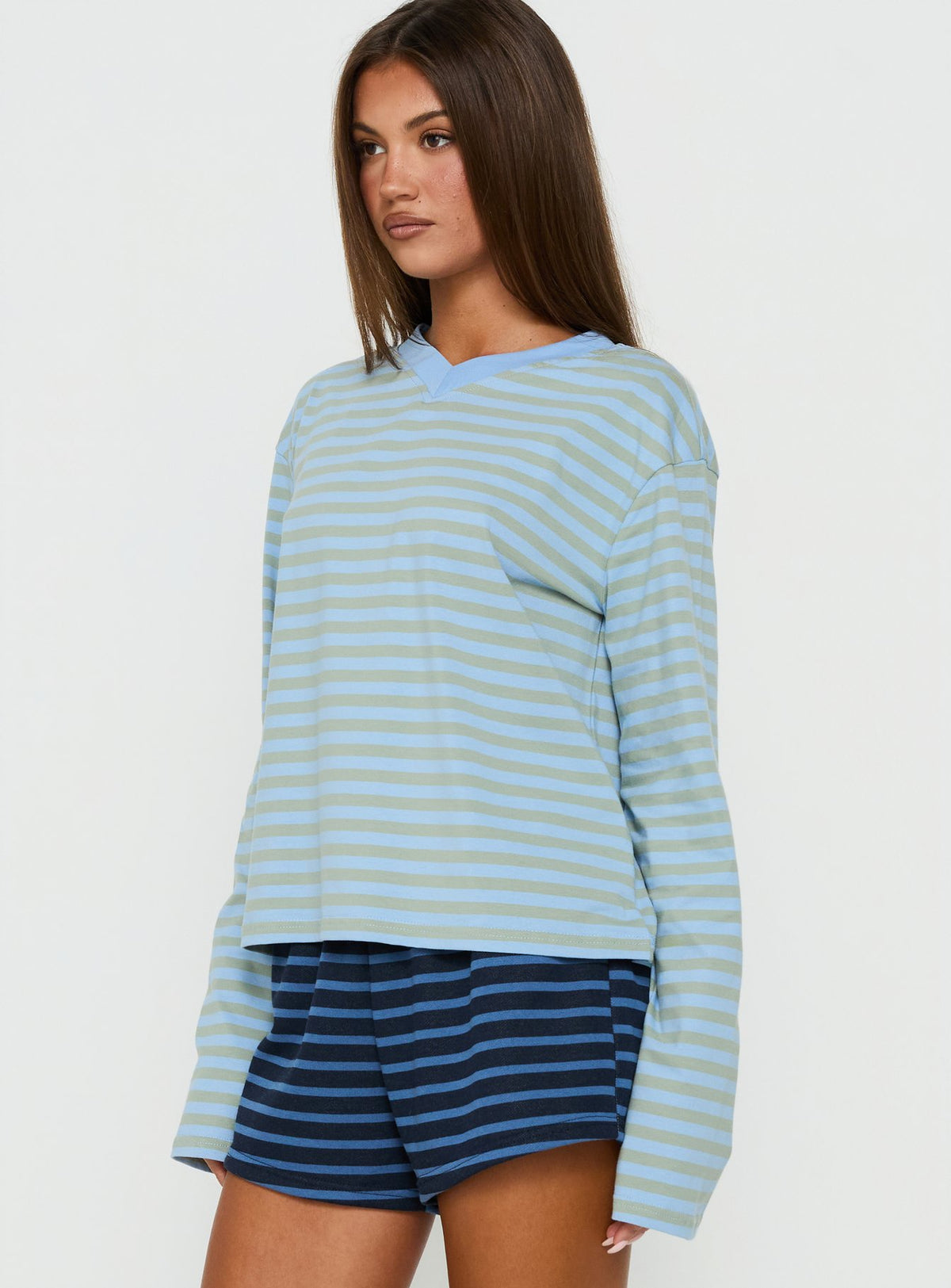 Viollette V Neck Long Sleeve Top Blue Stripe