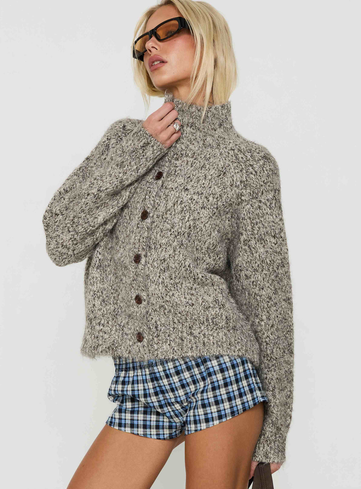 Designed with the Faida Funnel Neck Knit Jumper Brown Speckle womens-jumpers in short length detail Princess Polly