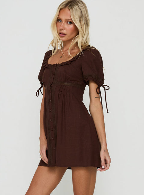 Indianah Pleat Lace Panel Mini Dress Chocolate