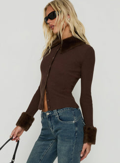 Crafted from luxe fabric, the Chiqueeta Faux Fur Trim Knit Cardigan in chocolate womens-jumpers with short length detail view of model wearing Princess Polly