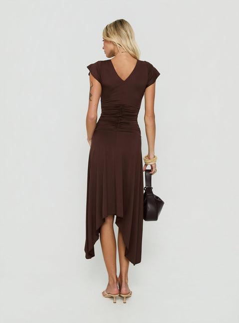 Florra Ruched Short Sleeve Midi Dress Brown