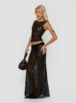 Hayess Sheer Embroidered Maxi Skirt Black womens-skirts in maxi length side view of model wearing Princess Polly
