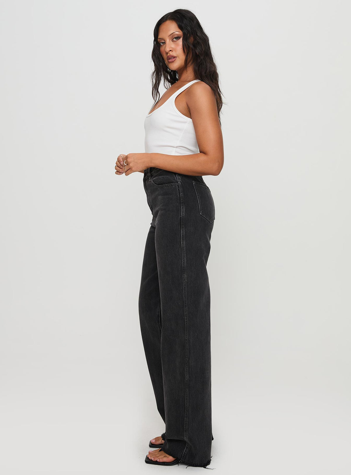 side view of model wearing Princess Polly Karlina High Rise Straight Leg Jean Charcoal High Waisted 