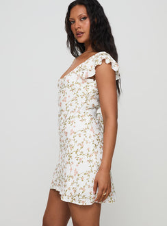 side view of model wearing Princess Polly Whitechapel Mini Dress Multi Square Neck 