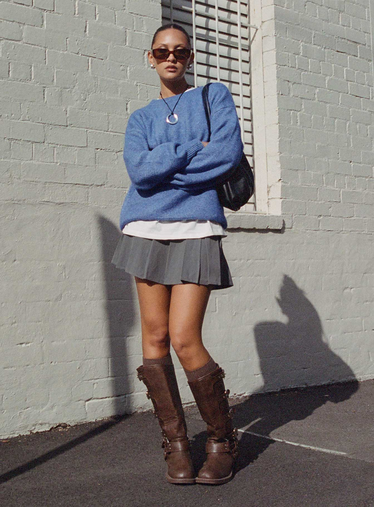 back view of model wearing Princess Polly Ryanna Sweater Blue Longline Jumpers Jumpers 