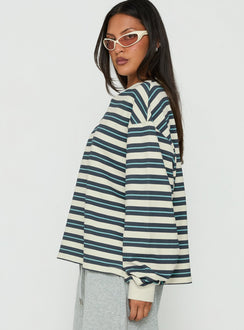 Introducing the Opollo V Neck Jumper Blue Multi Stripe womens-jumpers featuring short length side view of model wearing Princess Polly
