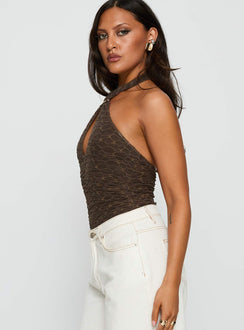 side view of model wearing Princess Polly Libbey Hardware Detail Textured Bodysuit Brown Sleeveless Bodysuit 