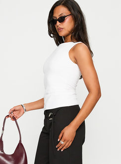 side view of model wearing Princess Polly Lose Your Number High Neck Top White Sleeveless Crew Neck 