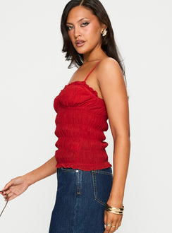 side view of model wearing Princess Polly Money Maker Ruched Cami Top Red Sleeveless Sweetheart 