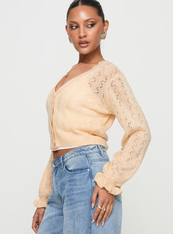 side view of model wearing Princess Polly Lyric Cropped Cardigan Beige Cropped Jumpers Jumpers 