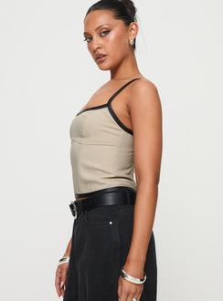 side view of model wearing Princess Polly Thalorien Top Beige Sleeveless Square Neck 