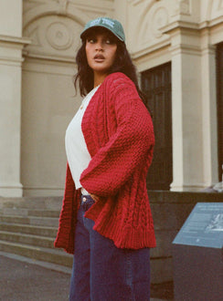 side view of model wearing Princess Polly Abner Cable Cardigan Red Longline Jumpers Jumpers 