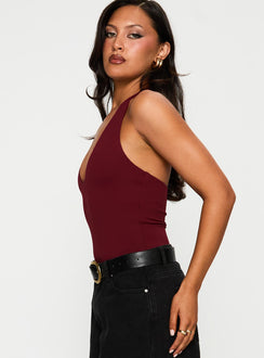 Someone New Halter Bodysuit Burgundy Sleeveless Bodysuit 