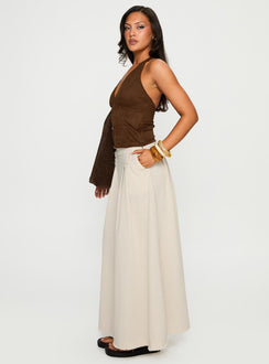   side view of model wearing Princess Polly Bohemian Spirit Maxi Skirt Beige Maxi Skirts Skirts 