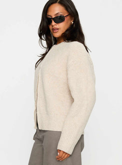 side view of model wearing Princess Polly Lexene Zip Through Jumper Oat Cropped Jumpers Jumpers 