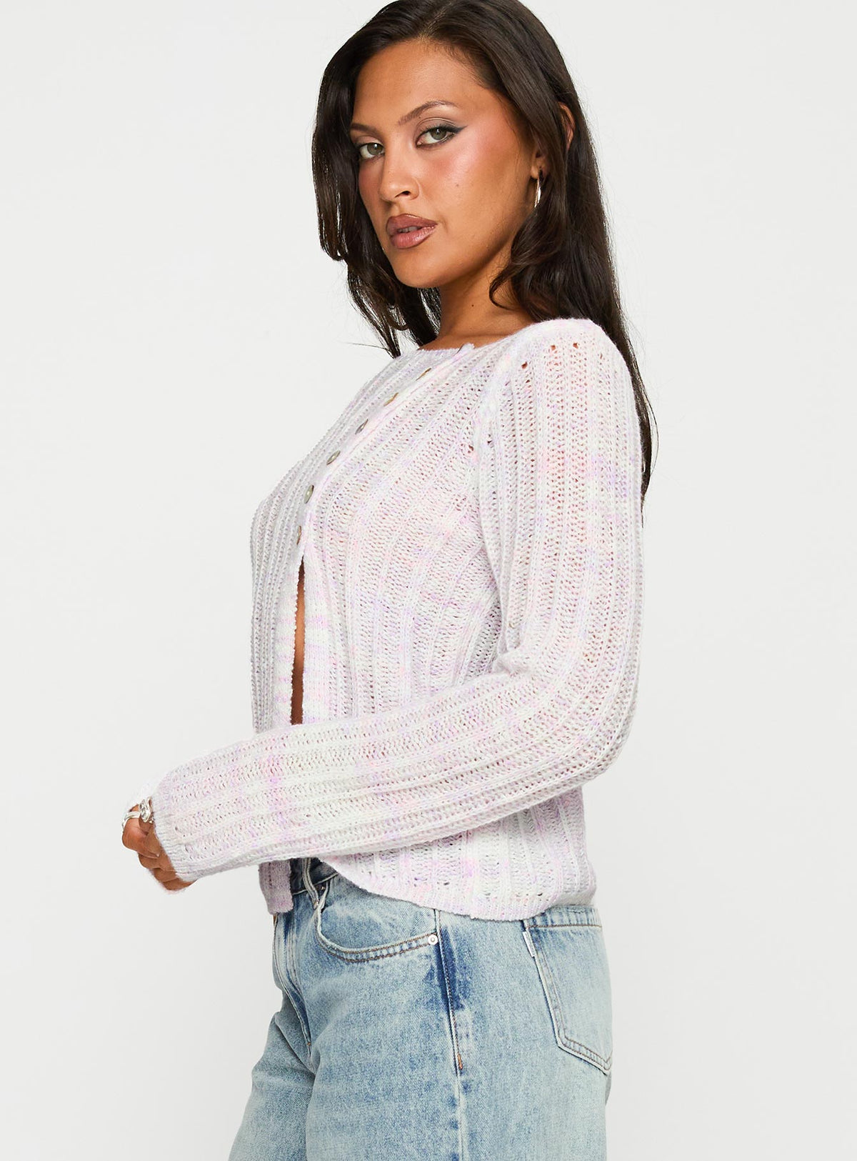 side view of model wearing Princess Polly Lenker Knit Jumper Lilac Cropped Jumpers Jumpers 