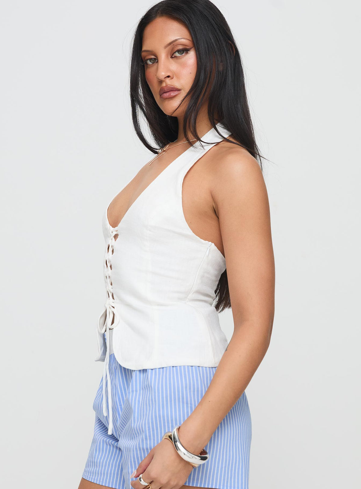 side view of model wearing Princess Polly Clouded Linen Blend Vest Top White Sleeveless Plunger 